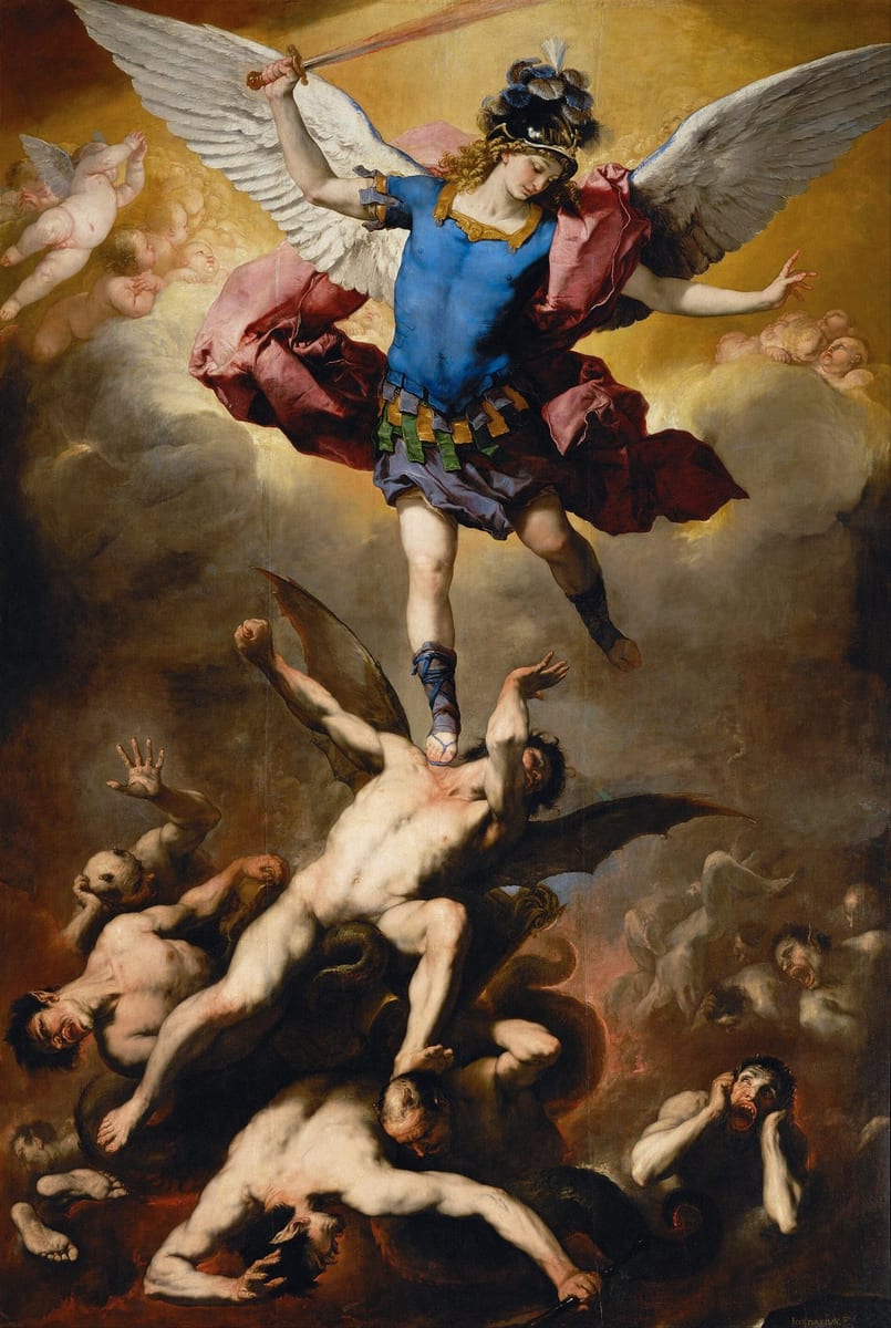 St. Michael the Archangel in a blue cuirass and plumed helmet, a sword raised in his right hand and white wings spread, standing in the air with one sandalled foot on the chest of a falling figure, while below him a tangle of bodies drops into brown darkness and cherubs watch from cloud at either side.