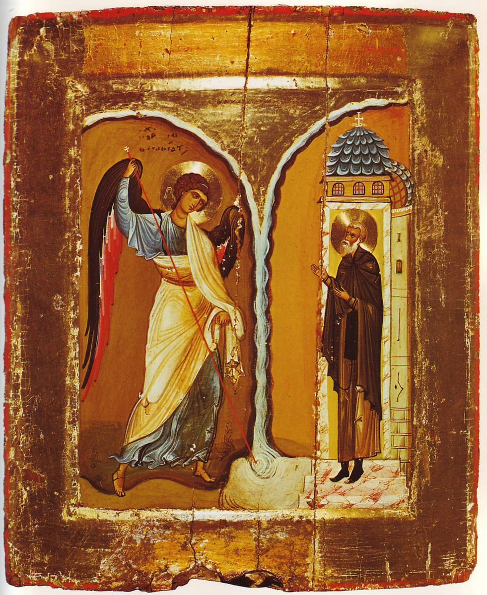 A gold-ground icon on cracked wood in which the archangel in a white robe raises a staff and strikes the ground, a white torrent pouring into a hole at his feet, while a bearded monk in a black habit stands with hands raised before a small domed church.