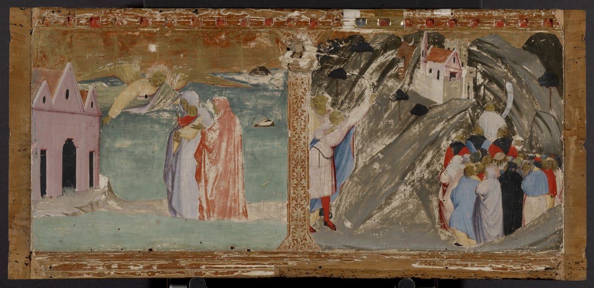 A long painted panel, its surface rubbed and flaking, showing at the right a herdsman in red hose on a grey hillside with a bull and a crowd below a white church on the ridge, and at the left the archangel leaning from a gold sky over a shallow sea.