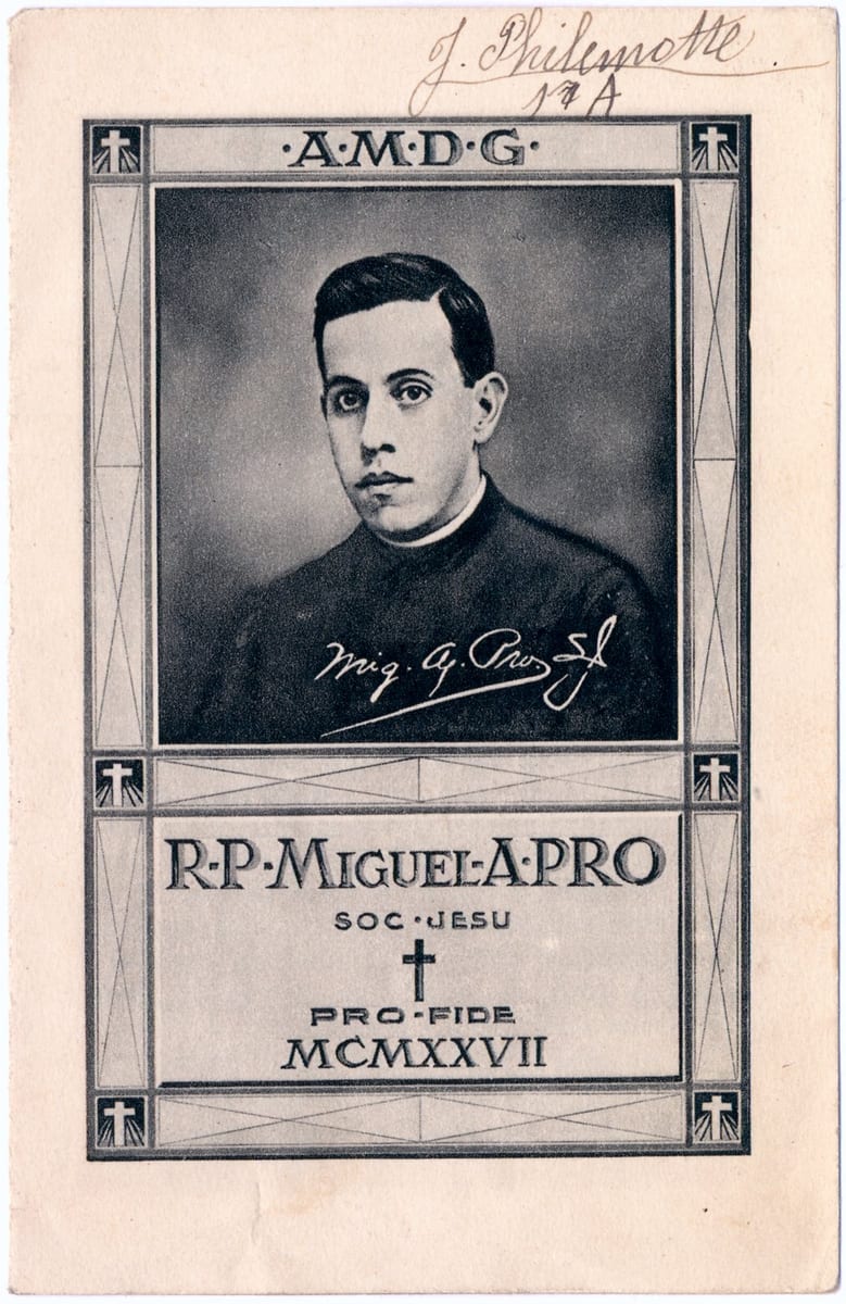 Father Miguel Pro in a cassock, as shown in a black-and-white photograph on a memorial holy card.