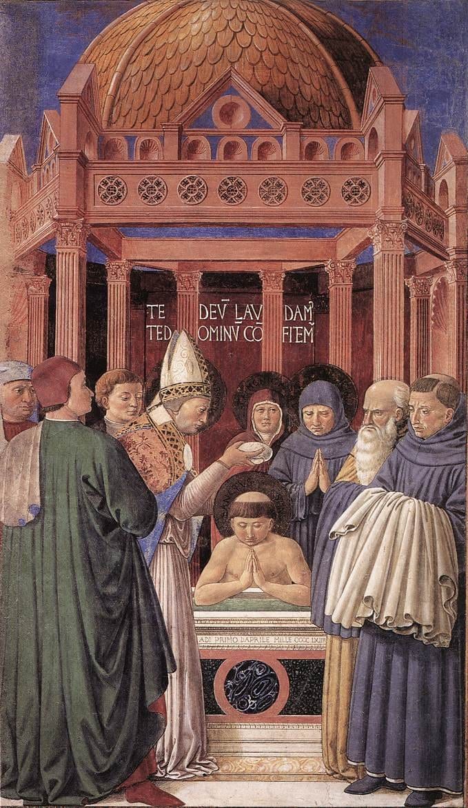 Under a domed classical canopy, a bishop in mitre and cope baptizes a kneeling, bare-chested young man at a font, pouring water from a shallow bowl as robed clergy, friars, and onlookers, including a woman in a red cloak, stand watching on either side.
