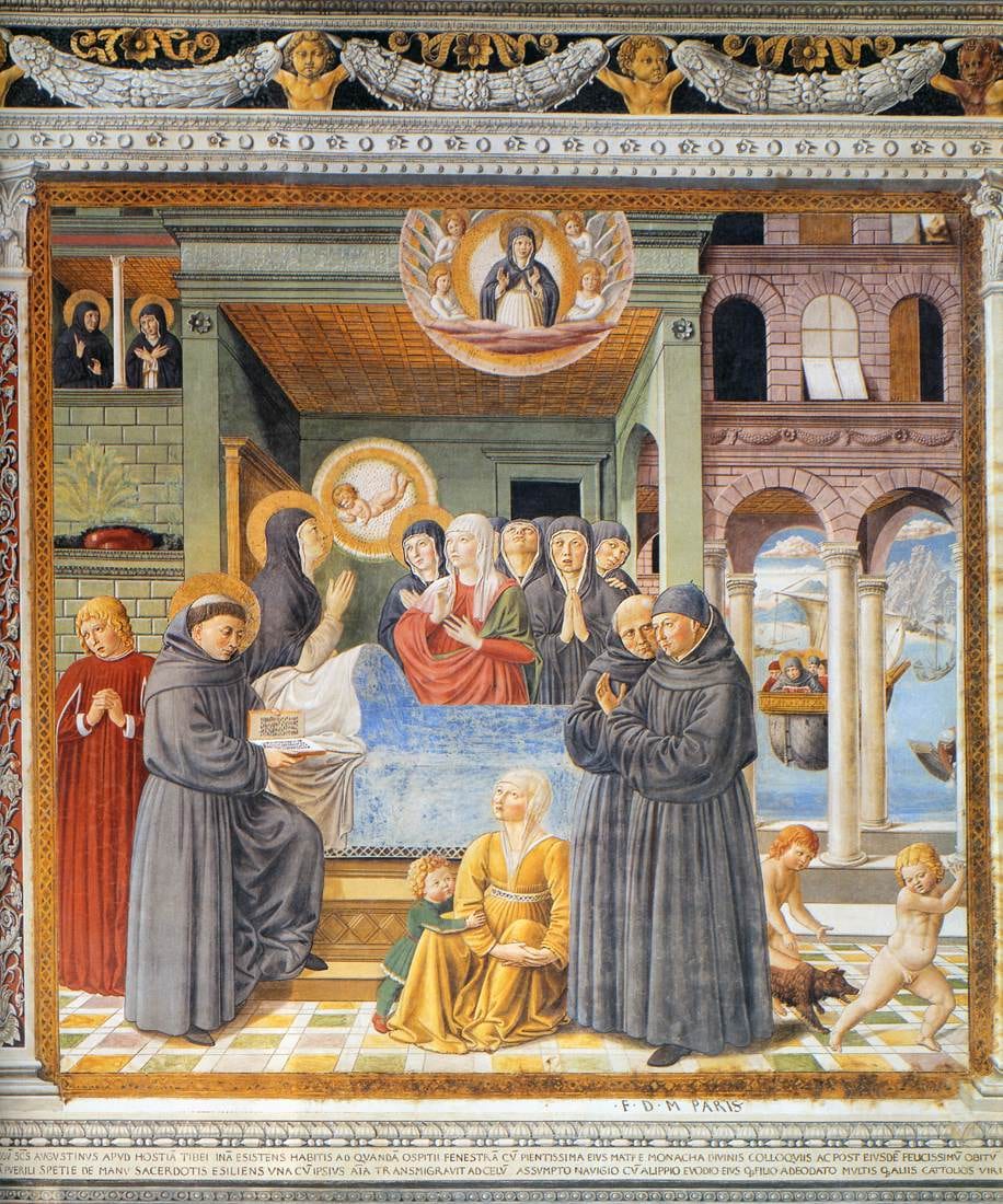 St. Monica lies on her deathbed with her hands at prayer while a small group of angels carries her soul upward, and a friar stands at the right of the bed.