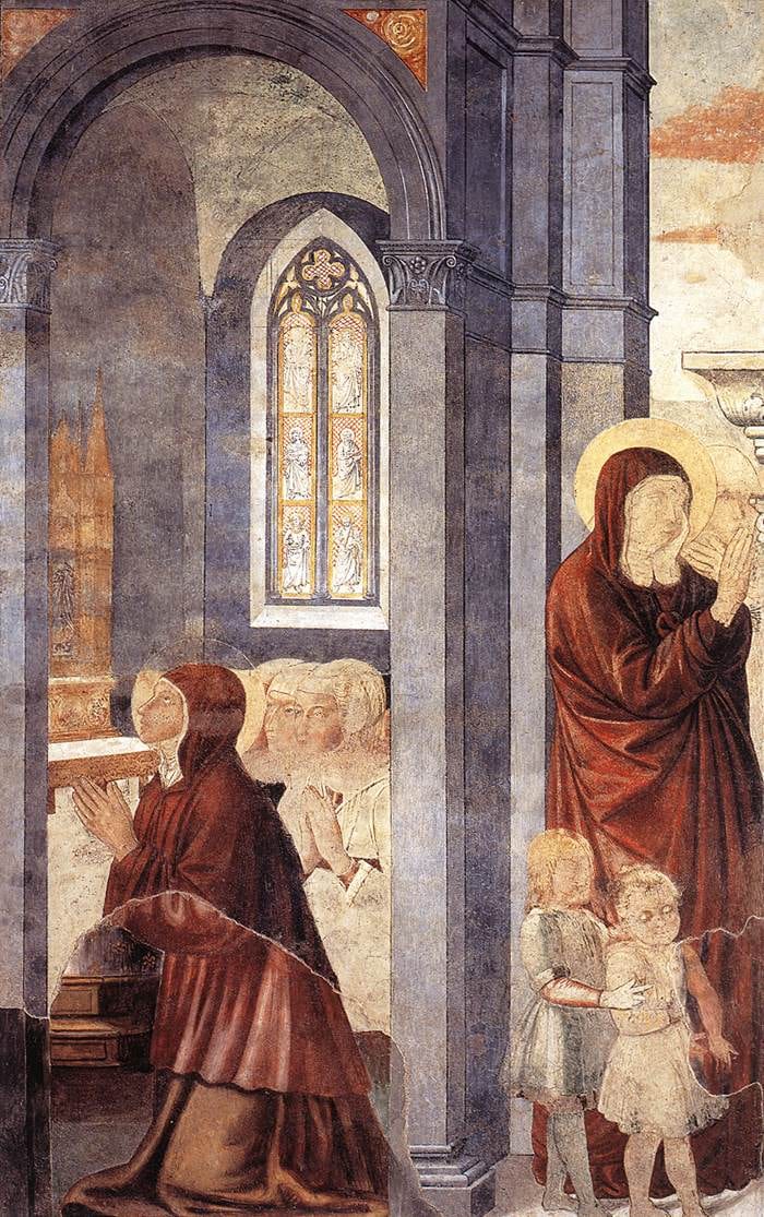 St. Monica appears twice in one scene, kneeling in prayer inside a church at the left and at the right holding her head in grief while raising a hand to bless her departing son.