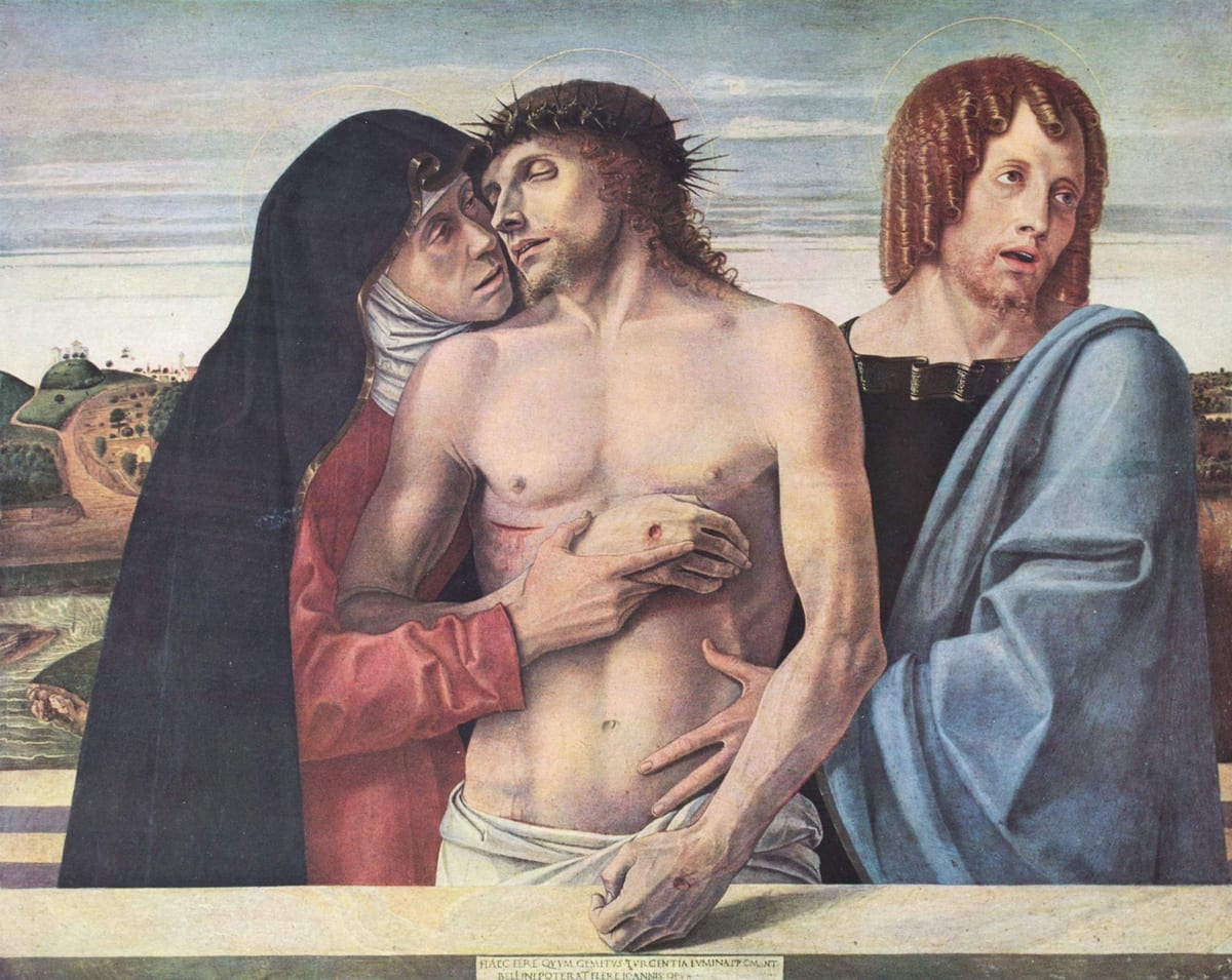 The dead Christ held upright at the tomb, his mother's face pressed against his and St. John the Evangelist supporting him on the other side, a plain landscape behind them.