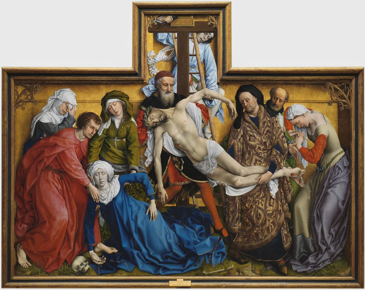 The body of Christ lowered from the cross by men on ladders while the Blessed Virgin Mary faints beneath it, her body falling in the same line as her son's, and the others reach to hold her.