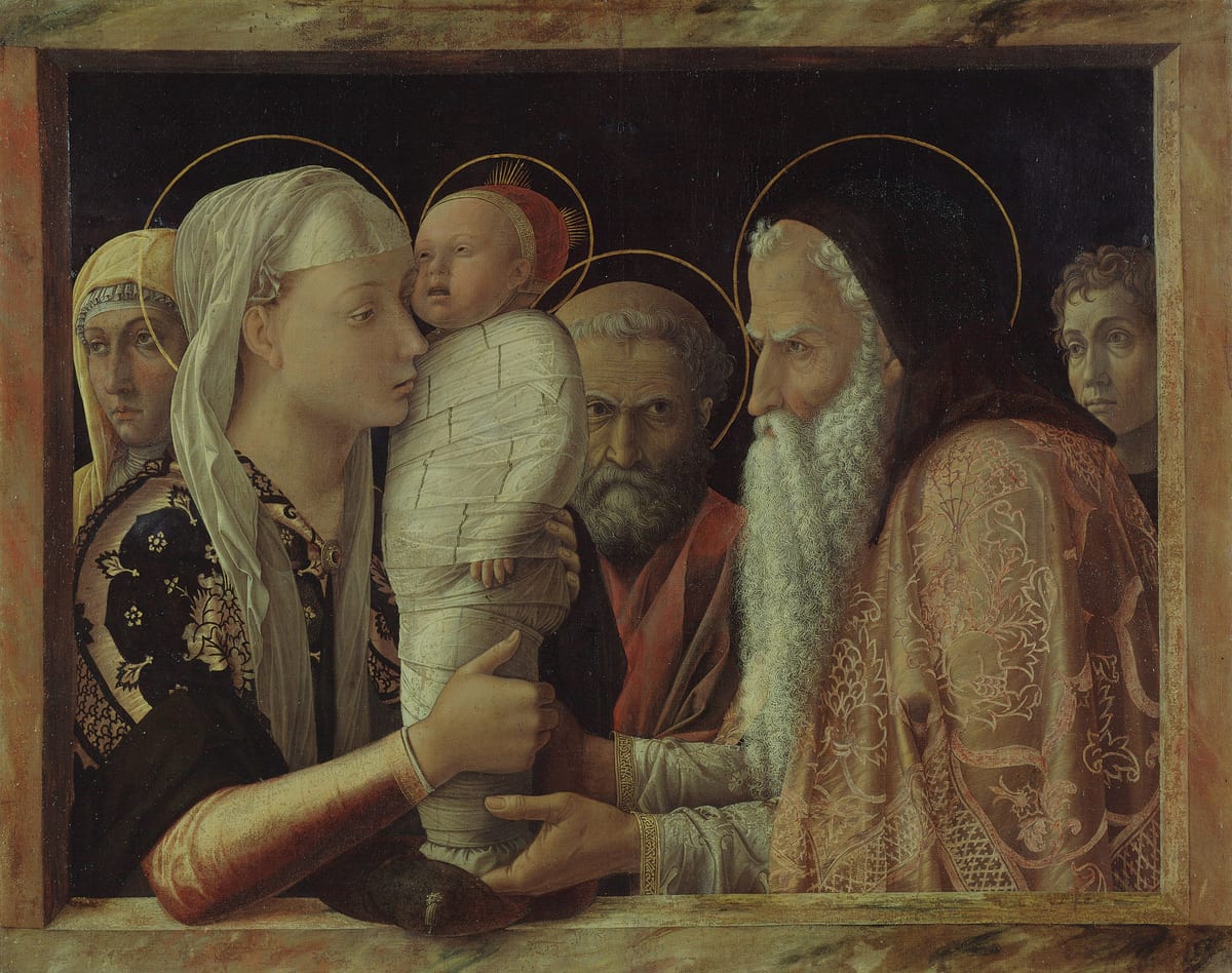 The infant Christ presented in the Temple: the old man St. Simeon holds the swaddled child, the Blessed Virgin Mary at his side, watched by St. Joseph and two others crowded close behind a marble ledge.
