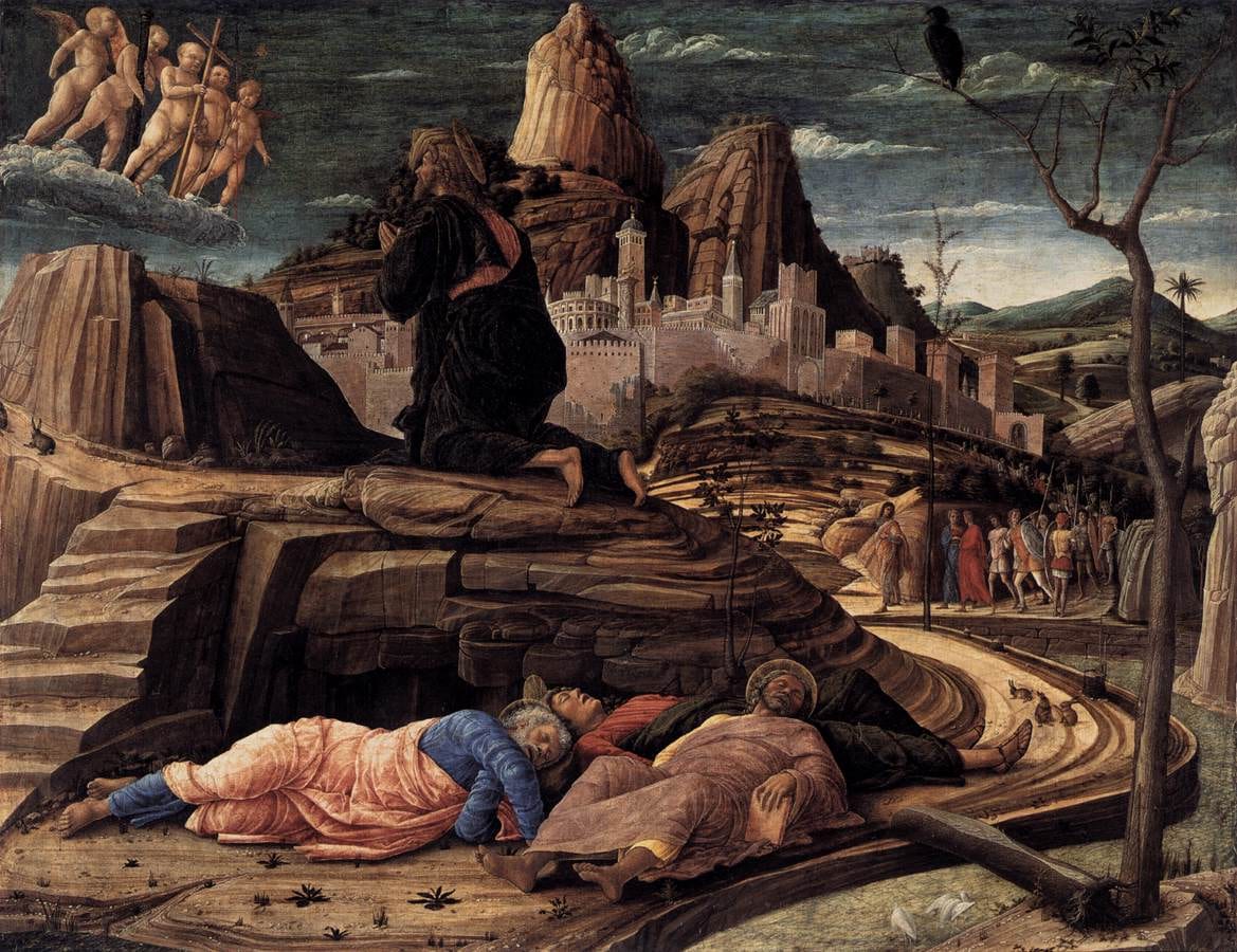 Mantegna's Agony in the Garden: Christ kneels on a rock praying toward five small angels on a cloud who hold the instruments of the Passion; three apostles sleep below, and Judas leads soldiers along a road from a walled city.
