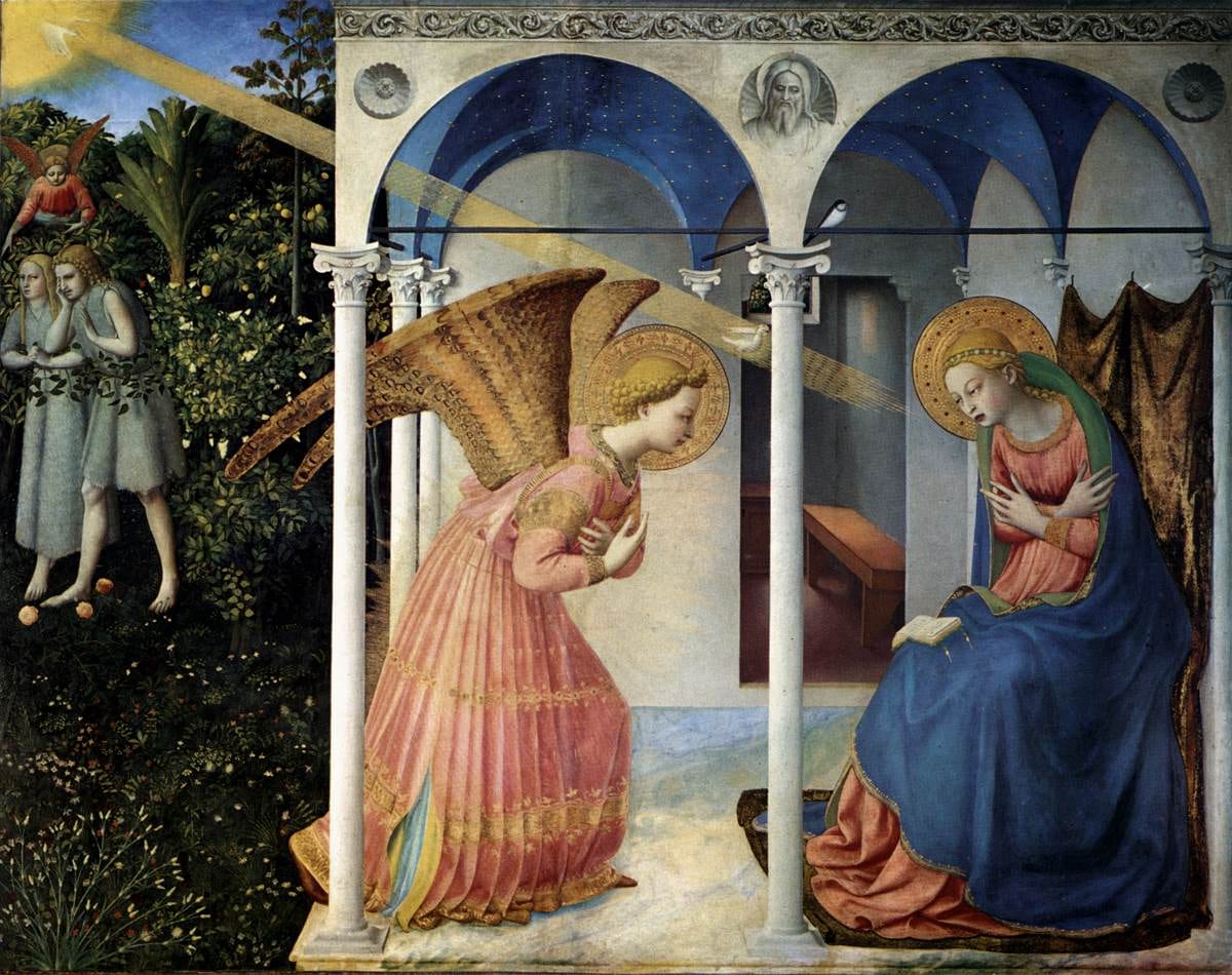 Fra Angelico's painting of St. Gabriel the Archangel in rose and gold bowing under a loggia before Our Lady, who sits in blue with a book on her knee and her hands crossed.
