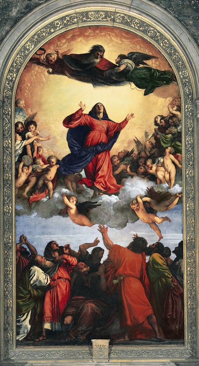 Titian's painting of Our Lady in red and blue rising on a cloud among cherubs toward God the Father, with the apostles reaching up below.