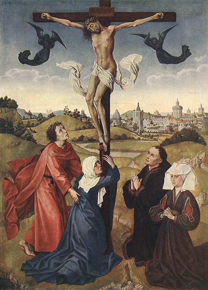 Rogier van der Weyden's painting of Christ on the cross, with Our Lady in blue and white embracing its foot and St. John in red supporting her.