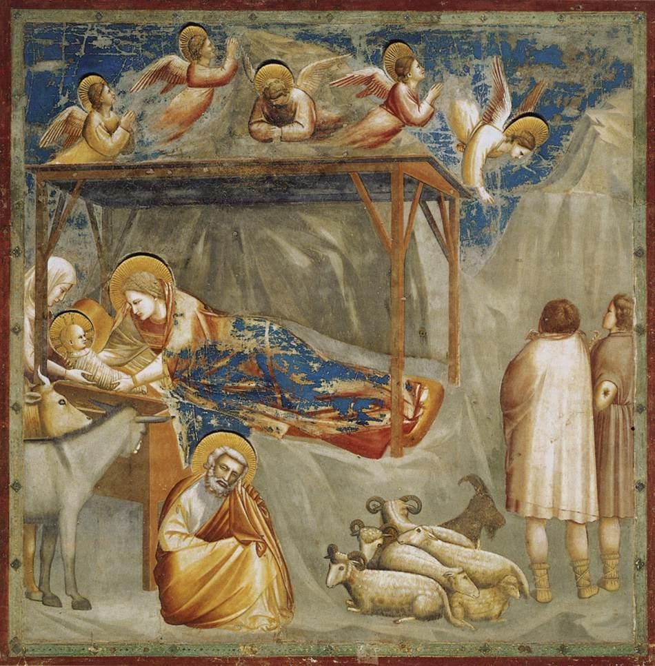 Giotto's Nativity: Our Lady lies on a rock under a wooden shelter and lays the swaddled Child in the manger, where an ox and an ass look on; St. Joseph sits asleep below, angels hover above the roof, and two shepherds with their flock stand at the right.