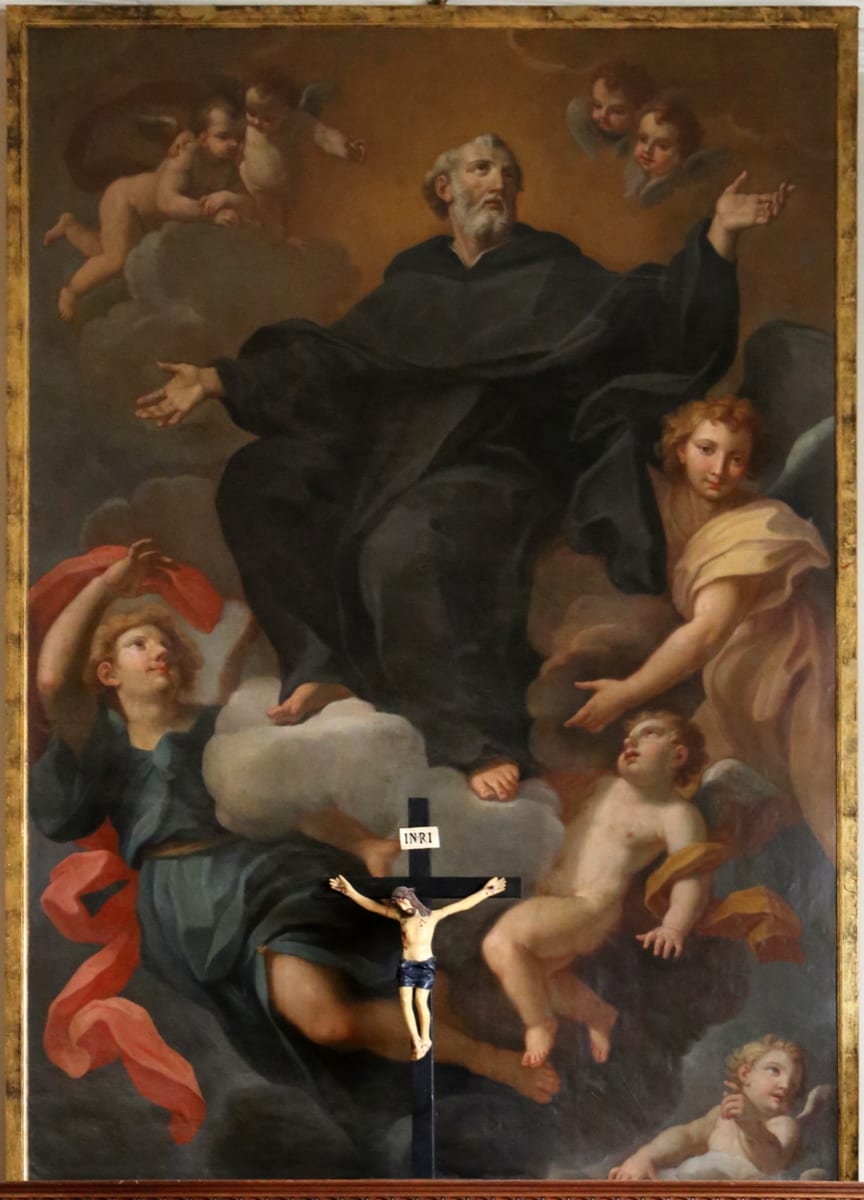 St. Peregrine Laziosi is borne upward in the black Servite habit, in halo and light, with angels around him.