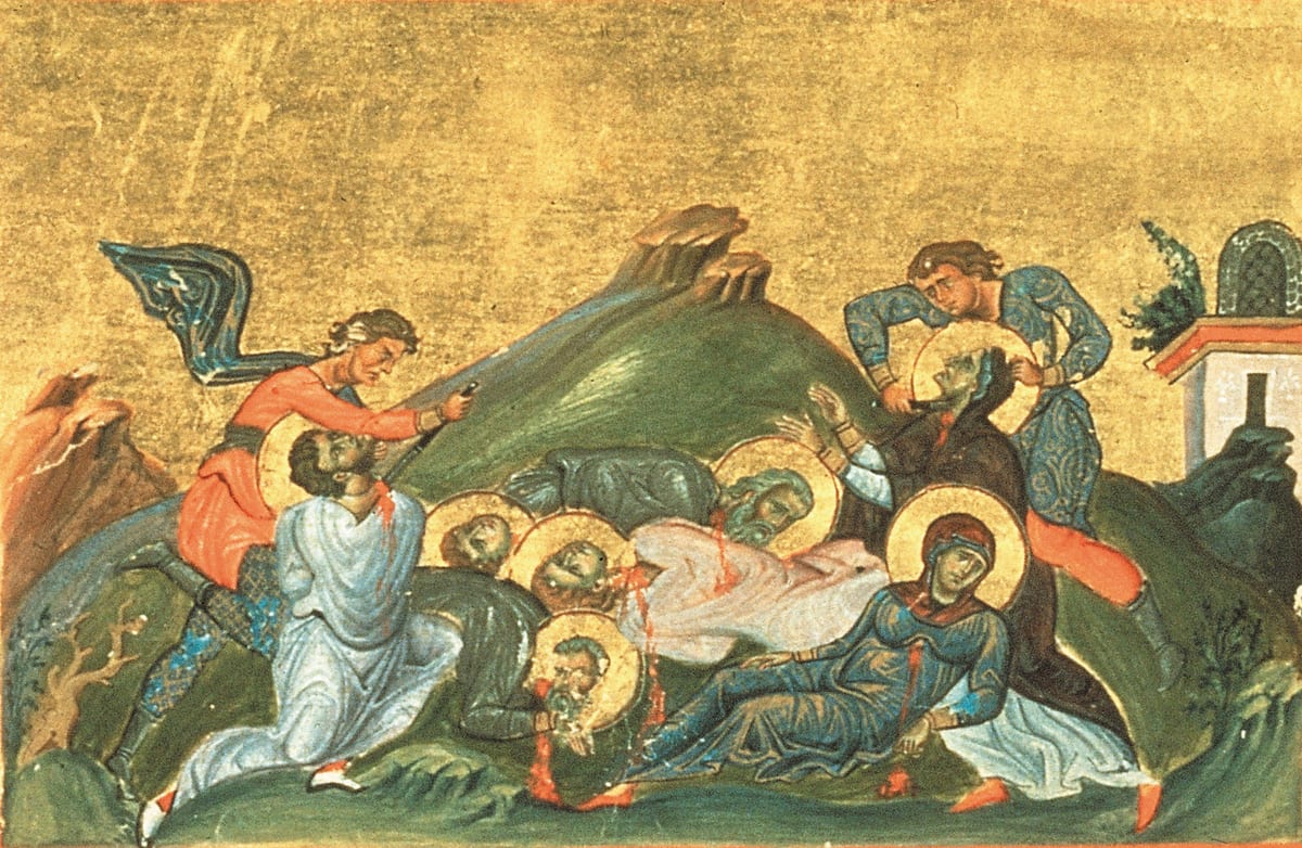 A gold-ground manuscript illumination of the martyrdom, a soldier cutting one woman's throat while two lie dead in white.