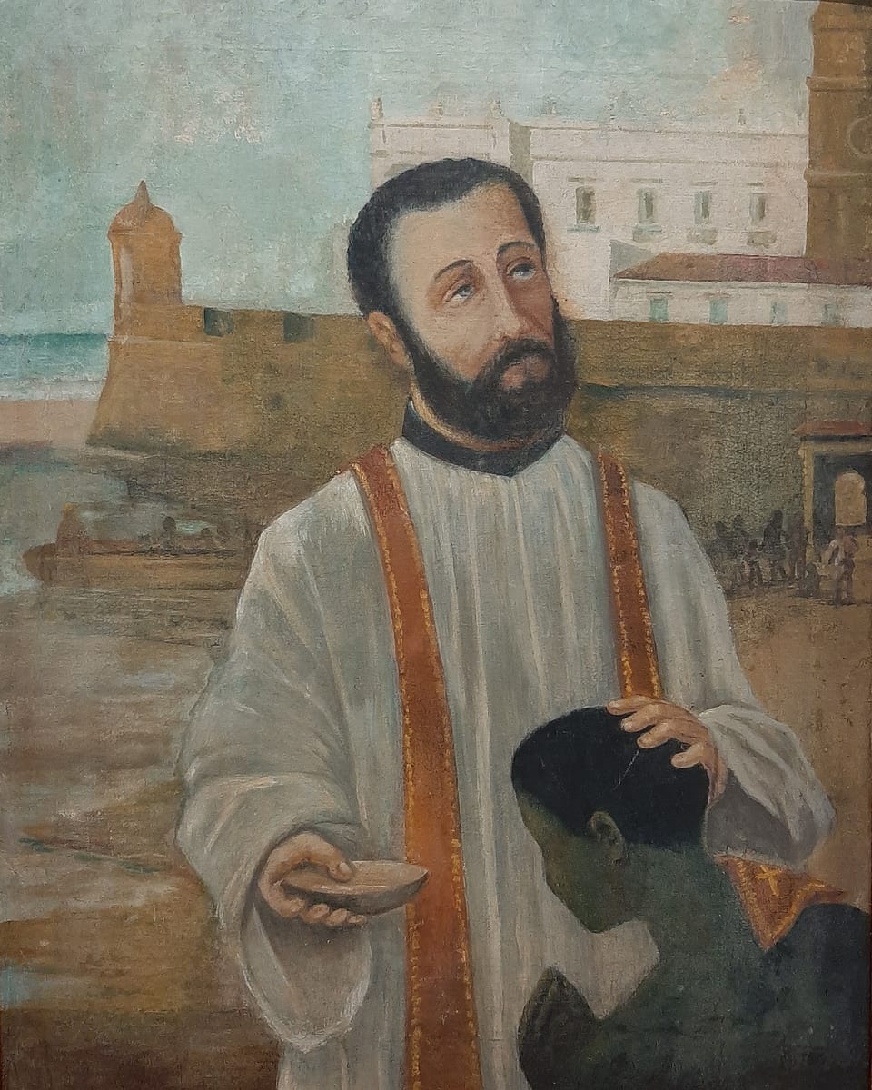 A colonial painting kept at Cartagena shows Saint Peter Claver gaunt and white-bearded in a threadbare black soutane, a crucifix at his breast.