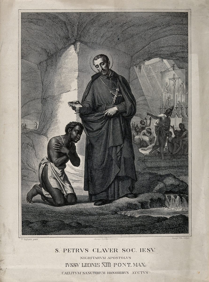 An engraving made after the canonization shows Saint Peter Claver in the Jesuit soutane baptising an African man.