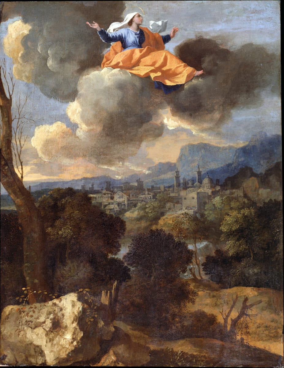 Angels carry a slight nun in a black habit and white wimple upward, her hands crossed.