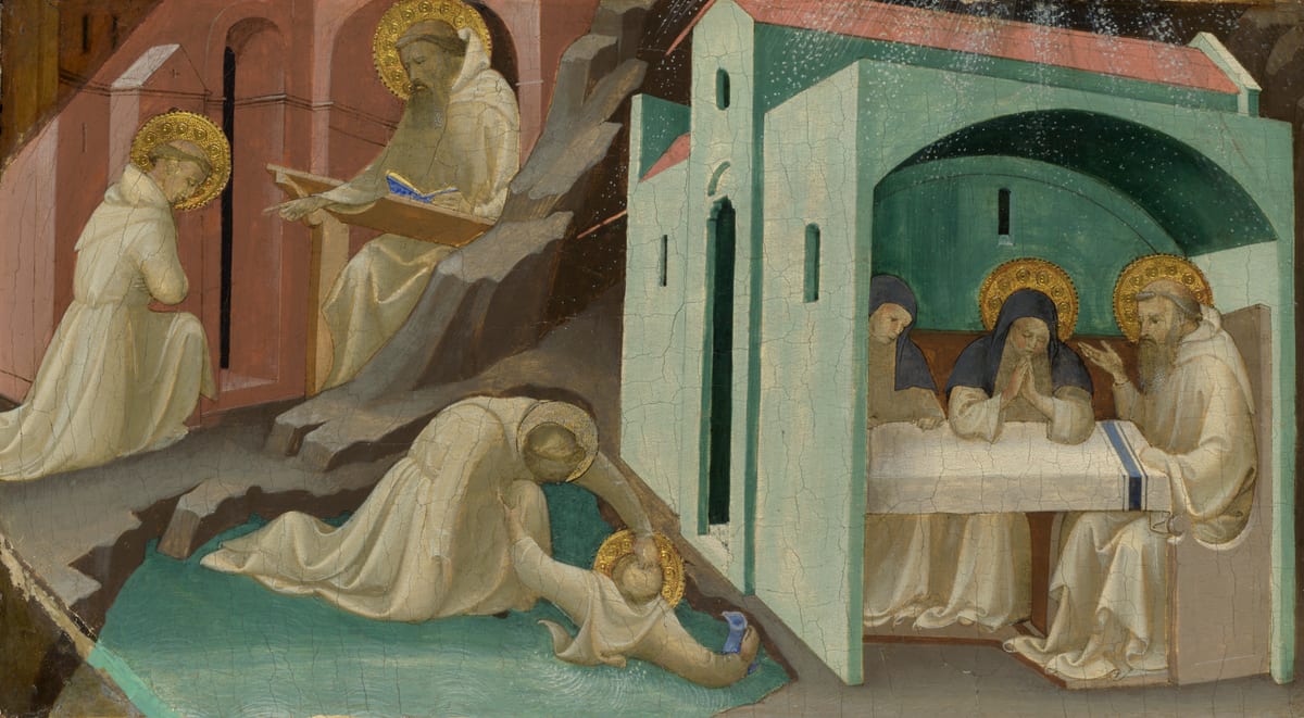 Saint Benedict and Saint Scholastica sit at a plain wooden table in a low building outside the abbey gate as rain and lightning break over the country below Monte Cassino.