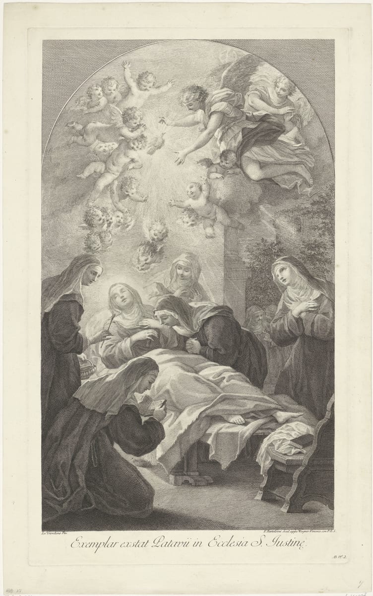 Saint Scholastica lies on a low bed in the Benedictine habit, her sisters kneeling in prayer around her, as a dove rises above.