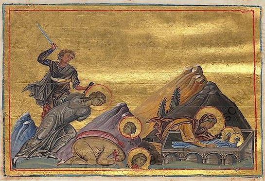 A Byzantine miniature shows St. Sophia, haloed and veiled, bending over a grey stone sarcophagus to lower in the bodies of her daughters, wrapped in blue winding sheets.