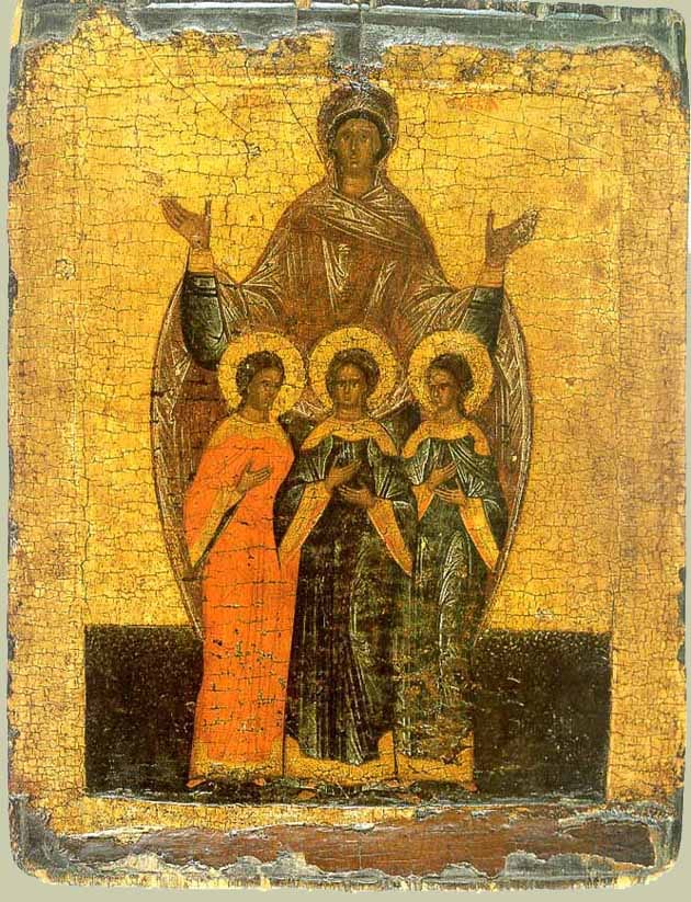 An icon on a gold ground shows St. Sophia in a dark red-brown mantle standing behind her three haloed daughters with both arms raised and palms open.