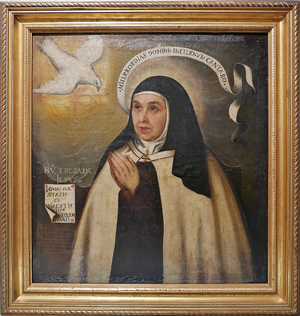 A half-length portrait of an elderly nun in the black veil and cream mantle of the Carmelites, haloed, hands raised in prayer, with a white dove above her and a scroll reading 'Misericordias Domini in eternum cantabo' arcing over her head.