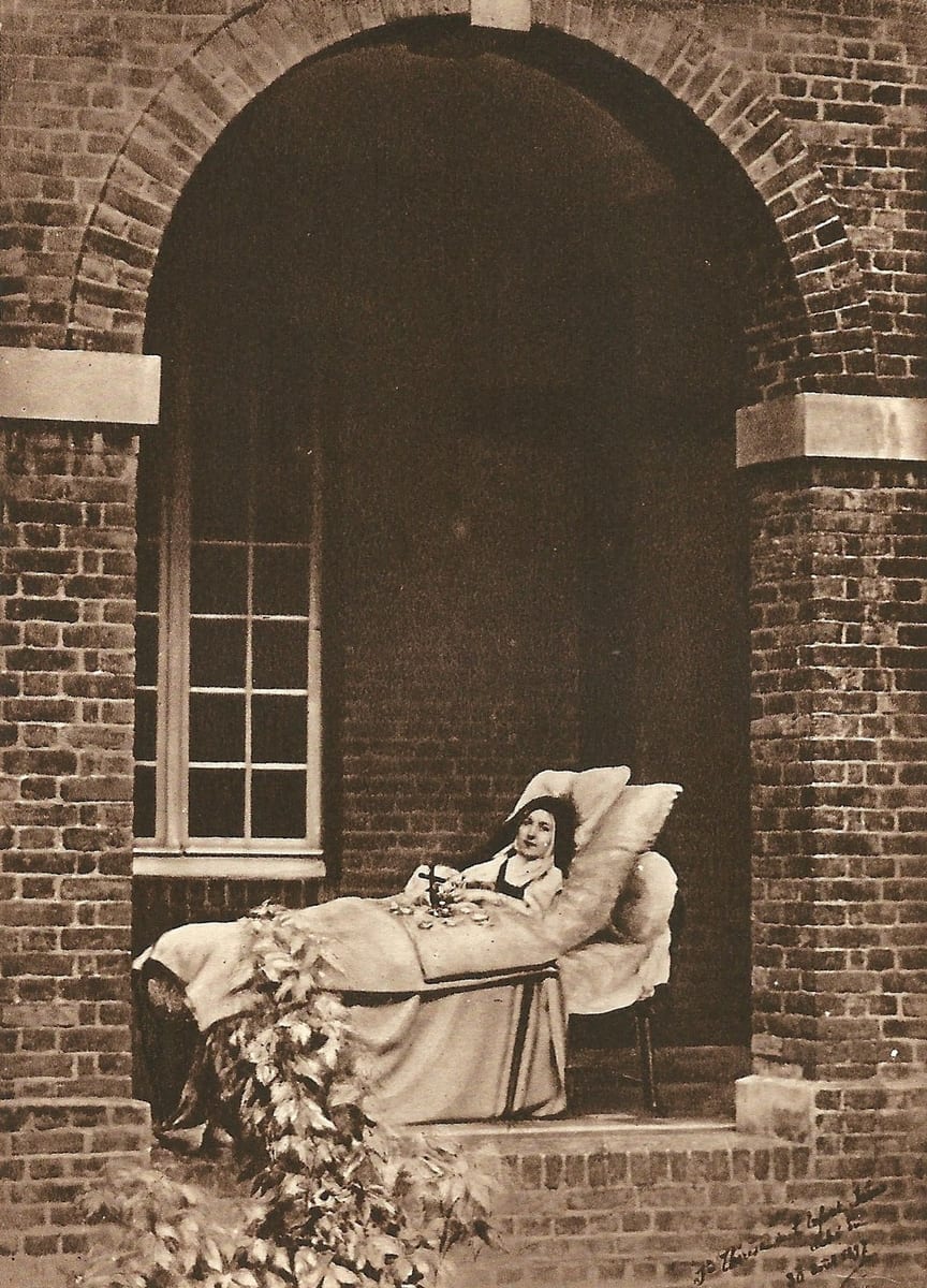 St. Thérèse seated under the cloister at the infirmary door of the Carmel of Lisieux on August 30, 1897 AD, wasted by illness, pulling the petals from roses over the crucifix in her lap.