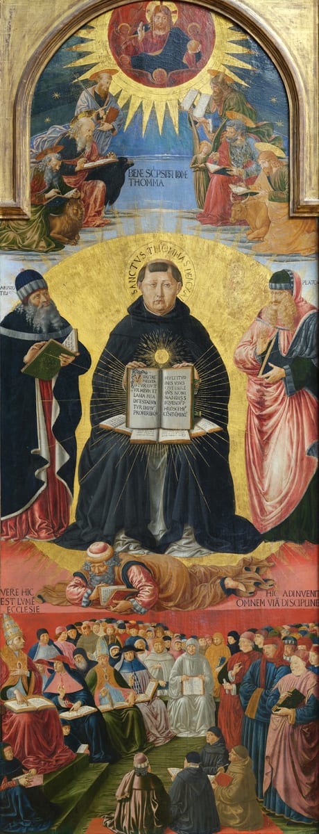 A painted panel showing St. Thomas enthroned at the centre with open books on his lap, Aristotle and Plato standing at either side and Averroes overthrown below.