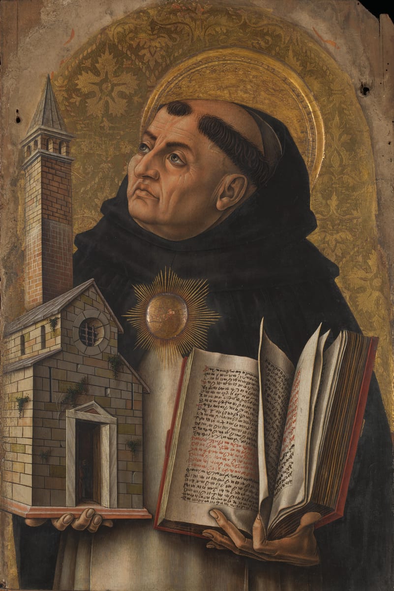A gold-ground panel painting of St. Thomas in a white habit under a black cloak, holding a small model of a church in one hand and an open book in the other.