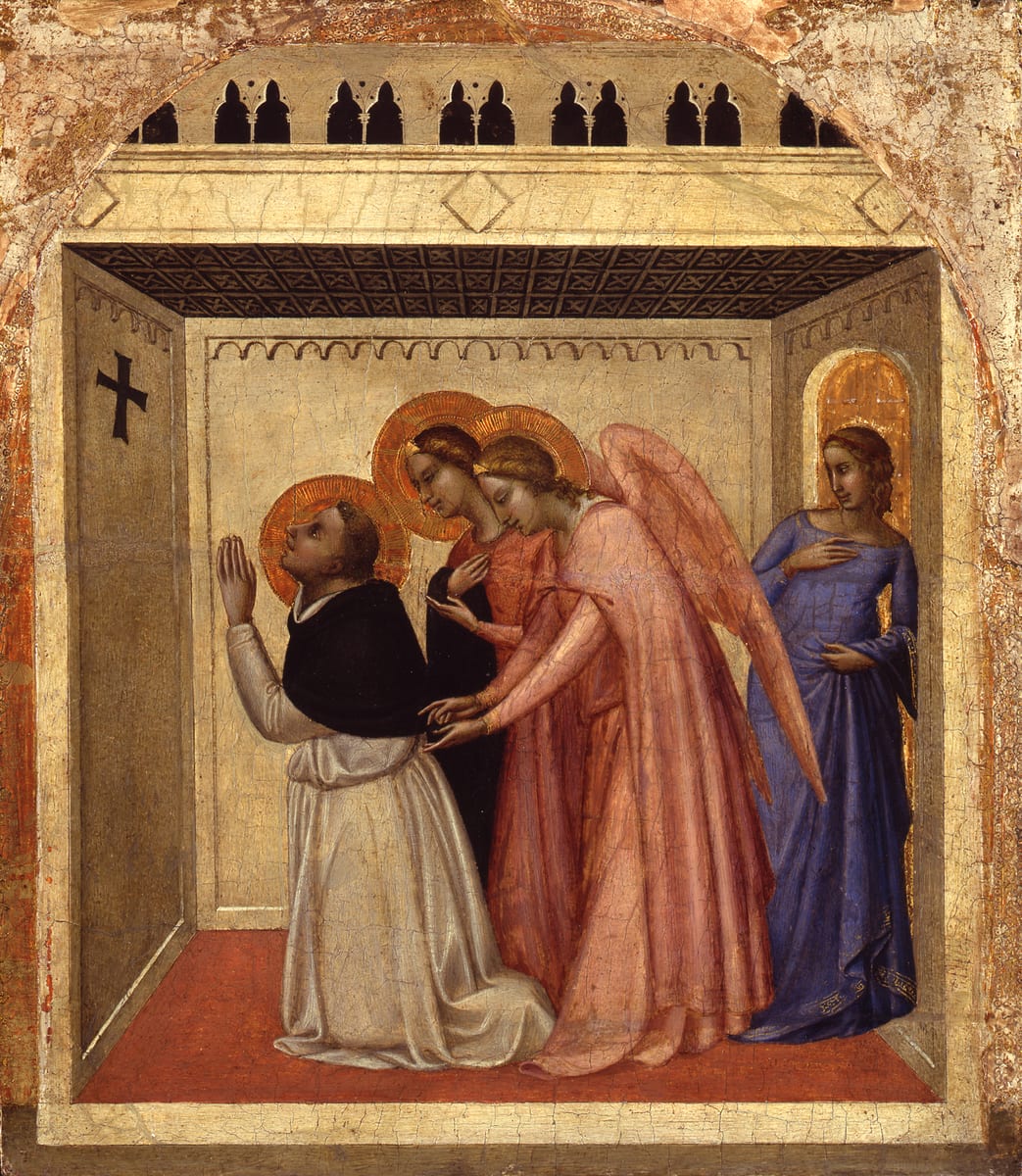 A painted panel showing angels girding St. Thomas after he had driven from the room a woman sent to tempt him.