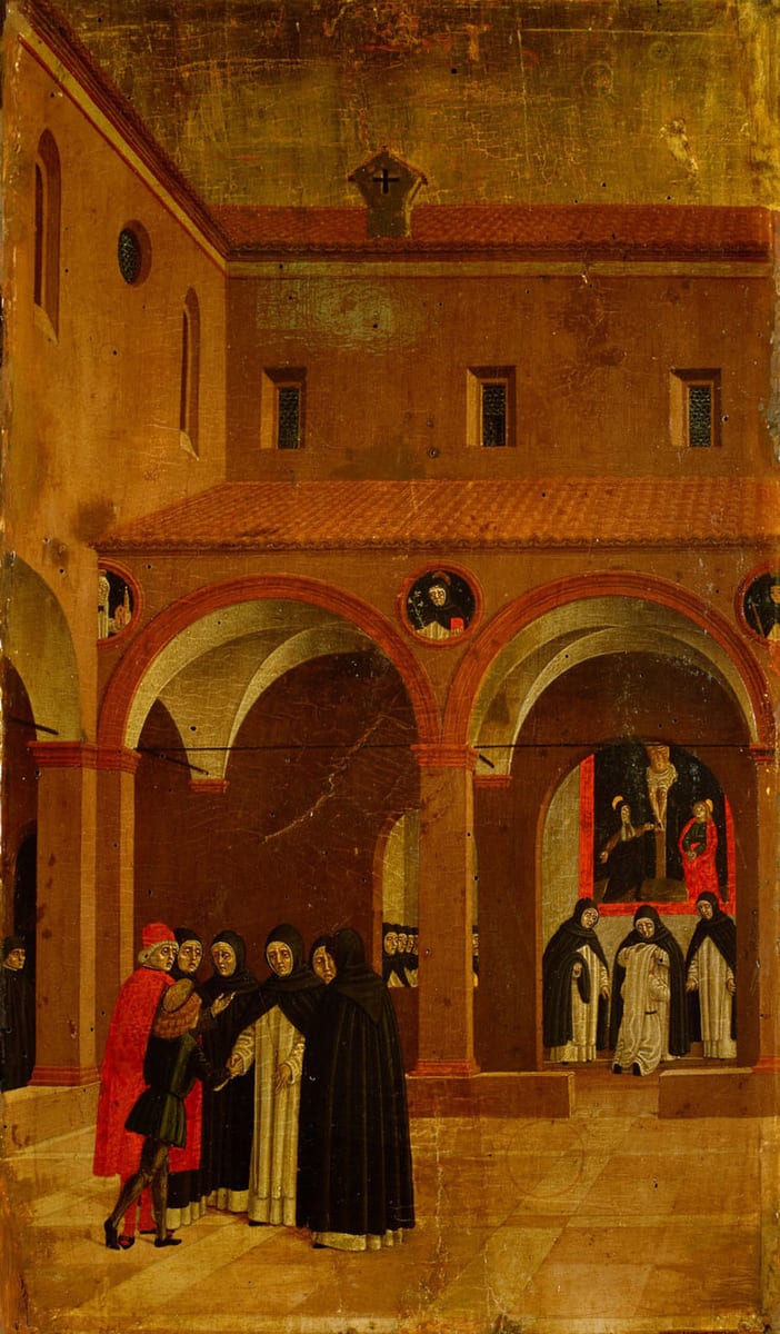 A slight, fair-haired youth in a short lay gown is led by his father to a stone doorway where Dominican friars in white habits and black cloaks receive him.